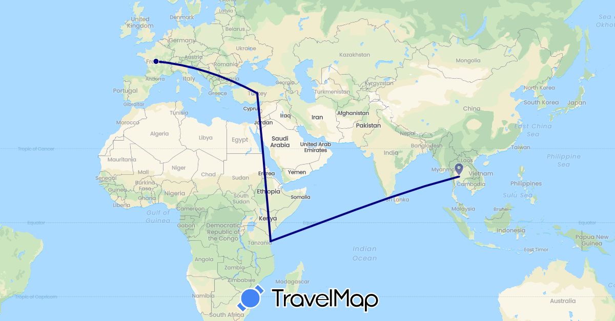 TravelMap itinerary: driving in France, Thailand, Turkey, Tanzania (Africa, Asia, Europe)